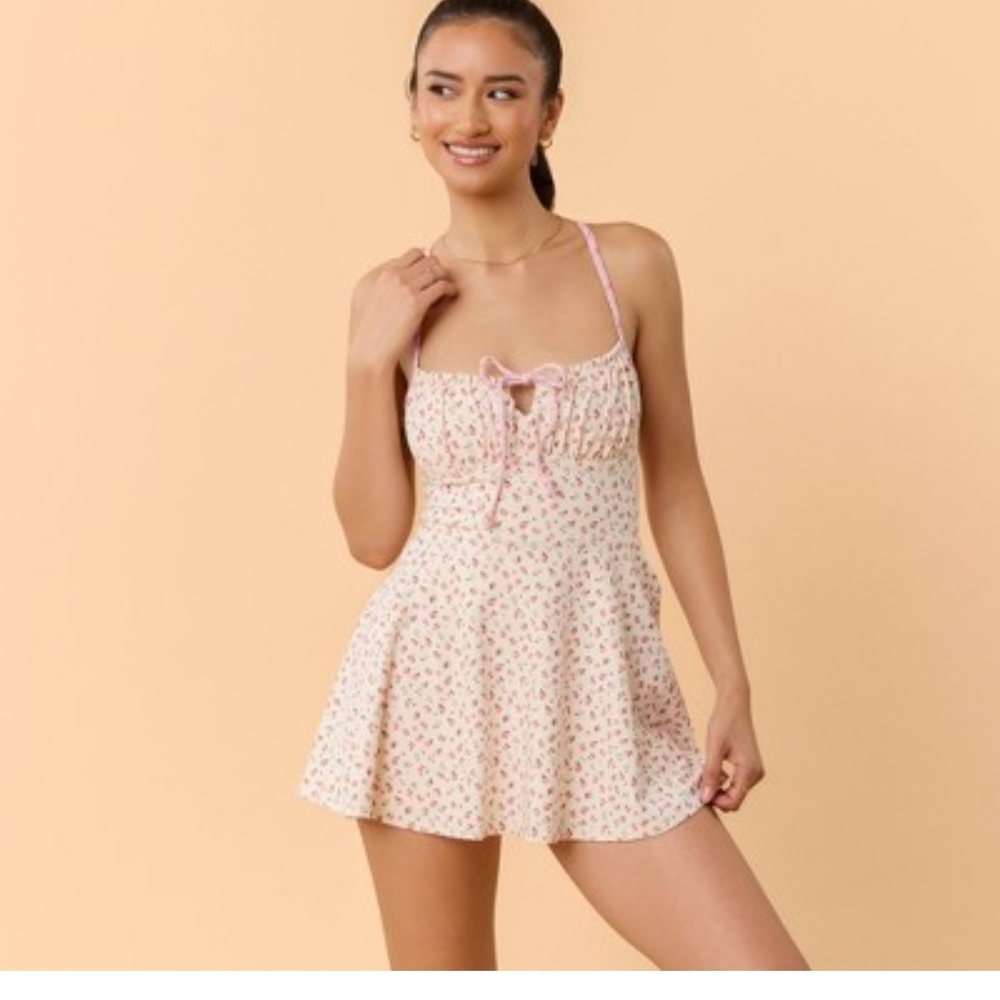Blogilates Woman's Tie Front Twirl Dress In Pink Floral